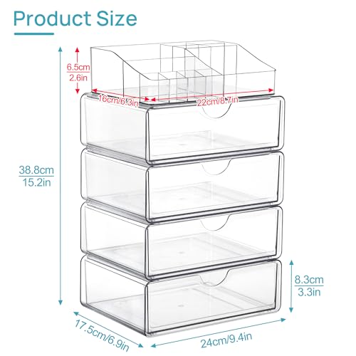 Vtopmart 5 Tier Clear Makeup Organizer with Drawer, Cosmetic Storage for Dresser Countertop and Bathroom Vanity, Beauty Holder for Lipstick Brush Skincare - style: 5 Tier