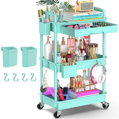 Goovilla 3 Tier Rolling Utility Cart Organizer with Removable Drawer, Blue - size: 3 Tier, style: Blue