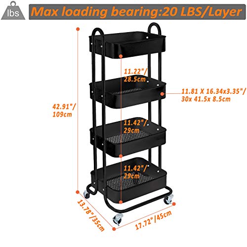 4-Tier Metal Mesh Utility Rolling Cart Storage Organizer Shelf Rack with Lockable Wheels for Living Room Kitchen Office, Black - color: B-black