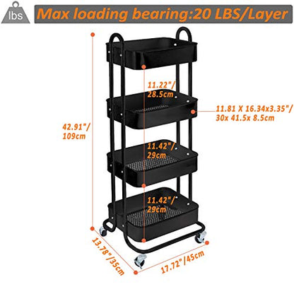 4-Tier Metal Mesh Utility Rolling Cart Storage Organizer Shelf Rack with Lockable Wheels for Living Room Kitchen Office, Black - color: B-black