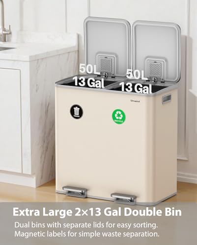 Dual Trash and Recycling Bins for Kitchen, 2×13 Gallon (2× 50L) Stainless Steel Trash and Recycle Bin Combo with Soft-Close Lid, Large Garbage Cans for Kitchen Home with 2 Magnets Sticker, Apricot - color: Apricot