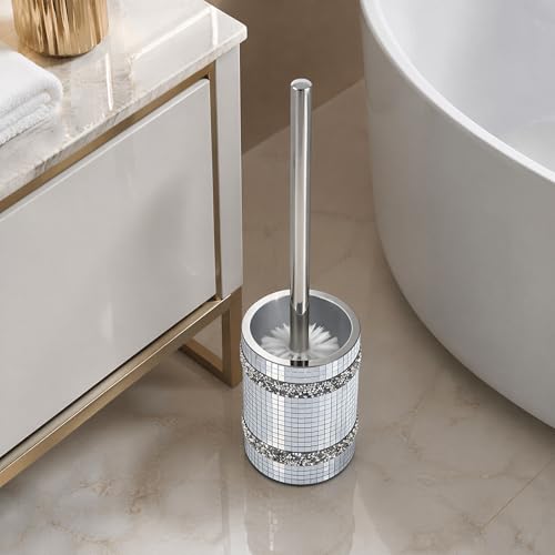 Silver Mosaic Toilet Brush Easy to Clean Household with Holder Set - size: Toilet Brushes Holders