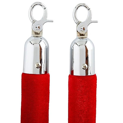 Juvale Velvet Stanchion Ropes - Chrome-Plated Hooks for Crowd Control Barriers - Home Theater Accessories & Line Divider Ropes - Theater Room Decor Accents - Red Velvet, 5 ft, Pack of 2, Silver Hooks
