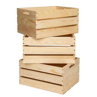 3 Packs Unfinished Pine Wooden Crate,DIY Wooden Storage Crate with Handles