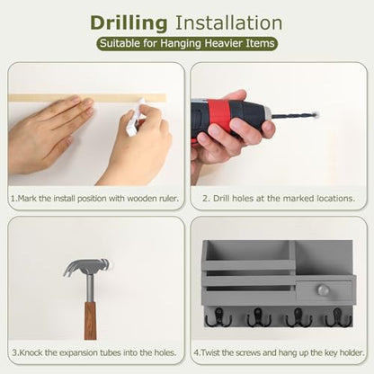 Key Holder Wall Mount, Wooden Key and Mail Organizer, Gray - color: Gray