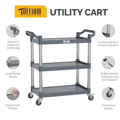 TUFFIOM 3-Tier Plastic Service Utility Cart with Wheels,Heavy Duty 390lbs Capacity,Commercial Rolling for Restaurant, Foodservice, Office, Warehouse, Gray 24.6''L x 15.8''W x 37.4''H - size: Gray 24.6''L x 15.8''W x 37.4''H