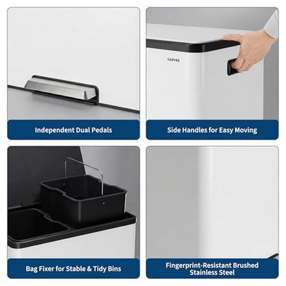 10.5 Gal Dual Compartment Stainless Steel Kitchen Trash Can with Lid, 20L+20L Recycling Garbage Bin, Soft Close Foot Pedal Trash Bin with 2 Removable Inner Buckets, Fingerprint Resistant for Home Offi - color: White, size: 2x5.25Gal