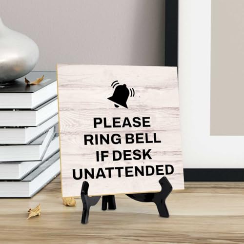 Please Ring Bell If Desk Unattended 5"x 5" Square Table Sign With Acrylic Easel | General Office Notices & Business Table Signs - color: Please Ring Bell