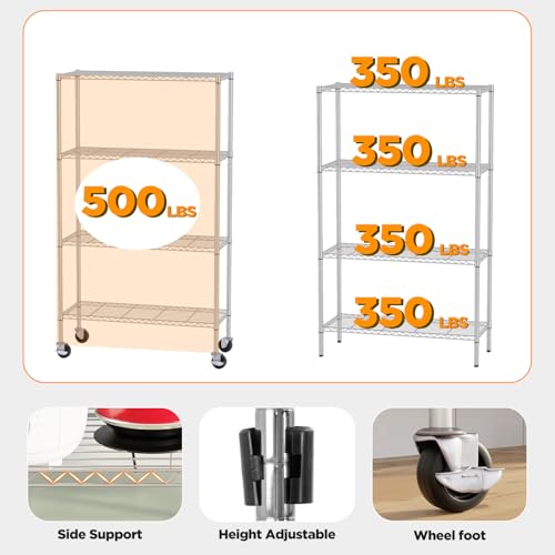 FDW | 4-Tier Wire Shelf with Wheels | 36" x 14" x 62" | Chrome - color: Chrome, size: 4-Shelf With Wheels