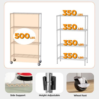 FDW | 4-Tier Wire Shelf with Wheels | 36" x 14" x 62" | Chrome - color: Chrome, size: 4-Shelf With Wheels