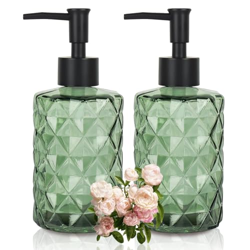 Green Glass Soap Dispenser with Pump, 12 oz Refillable Soap Dispenser, Diamond Textured Hand & Dish Soap Bottle for Bathroom, Kitchen, Lotion & Shower Gel - color: Diamond Green