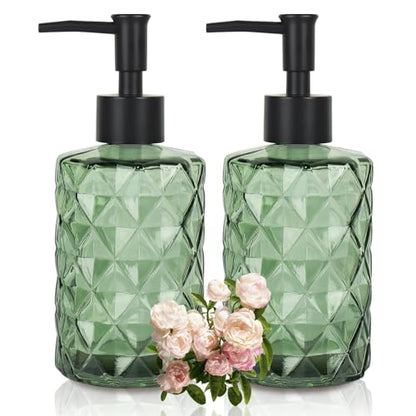 Green Glass Soap Dispenser with Pump, 12 oz Refillable Soap Dispenser, Diamond Textured Hand & Dish Soap Bottle for Bathroom, Kitchen, Lotion & Shower Gel - color: Diamond Green