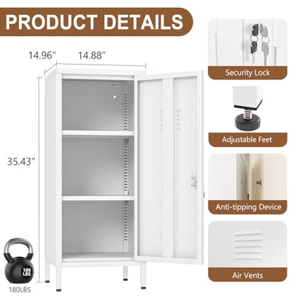 pozdeg 35.43" White Lockable Small Metal Storage Locker - color: White, size: 14.96"D x 14.88"W x 35.43"H