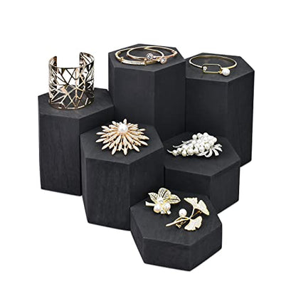 MOOCA 6-Piece Wood Hexagon Jewelry Display Stand Risers for Accessories - color: Black, 6 Pieces