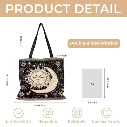 Cute Canvas Tote Bag for Women, Book Totebag with Zipper Pocket - color: Sun and Moon