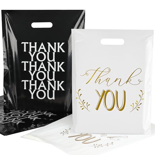 Thank You Bags for Business Small, 100 PCS 12x15 Plastic Shopping Bags - color: Black & White Thank You Bags