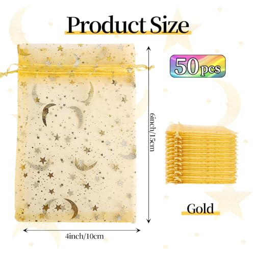 Moon Star Organza Bags 4x6 Small Mesh Bag Drawstring 50 Pcs Mesh Gift Bags Drawstring Pouch Wedding Favor Bags Jewelry Pouches Bulk Gift Pouch for Candy Soaps Birthday Festival Party Supplies, Gold - color: Gold