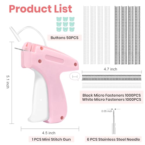ASUNO Stitch Gun for Clothes Handheld Tag Quick Clothing Fixer Tagging Sewing Kit Includes 6 Needle 1000 Black Fasteners & 1000 White Fasteners Pink