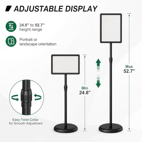 Sign Holder Stand Display: 8.5×11 Inch Adjustable Standing Signage Stand with Snap Frame for Malls Schools Restaurants (2 pack)