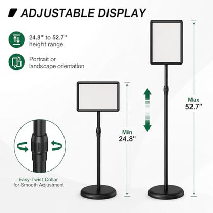 Sign Holder Stand Display: 8.5×11 Inch Adjustable Standing Signage Stand with Snap Frame for Malls Schools Restaurants (2 pack)