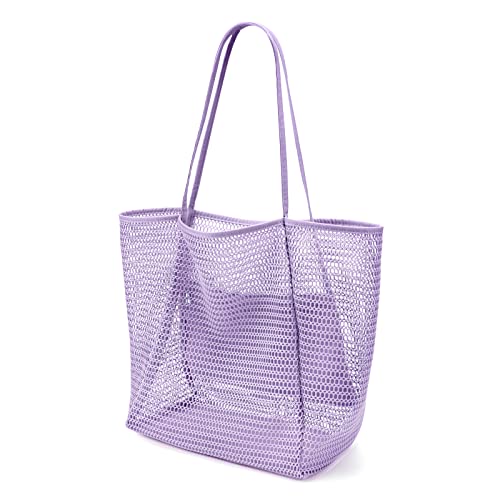 KALIDI Beach Mesh Tote Bag, Casual MAX 23L Summer Foldable Hobo Bag Women - color: Violet