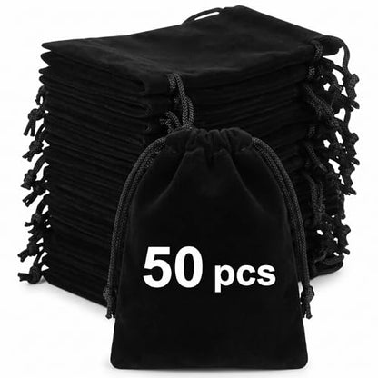 50 Pack Little Velvet Jewelry Bags, Black Drawstring Bags, 3x4 inch Small Gift Bags, Coin Pouch Velvet Bags for Jewelry Storage, Wedding Party Favor Small Business Packaging