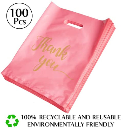 100 Pack Pink Thank You Shopping Bags for Small Business 9x12 - color: Pink