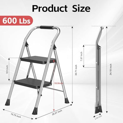 600Lbs Heavy Duty Step Ladder Foldable Folding Stool - for Home Adults Kitchen 2 Stepping Extension Tall with Handrails - Closet Stepstool Stair Ladders Extendable Stepladder for Indoor House - size: 2 Step
