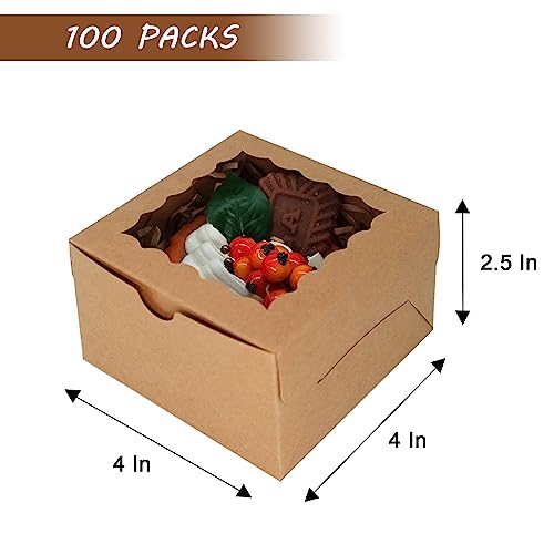 XINHPKGG 100 Pcs Brown Cookie Boxes 4x4x2.5 Inch Bakery Boxes with Window - color: Brown