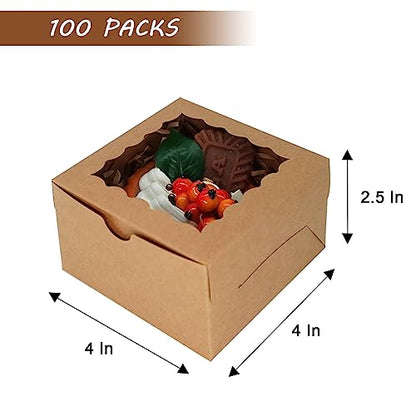 XINHPKGG 100 Pcs Brown Cookie Boxes 4x4x2.5 Inch Bakery Boxes with Window - color: Brown