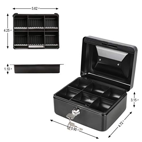 Cash Box with Money Tray, Parrency Small Money Box with Key Lock, 6" x 4 4/5" x 3", Black - color: Black, size: Small（5.9")