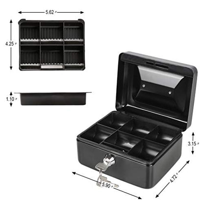 Cash Box with Money Tray, Parrency Small Money Box with Key Lock, 6" x 4 4/5" x 3", Black - color: Black, size: Small（5.9")