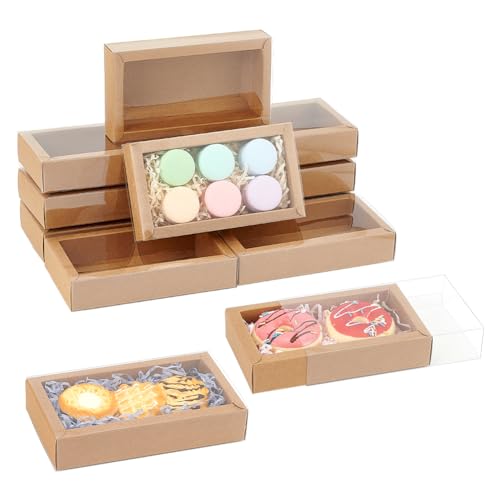 NBEADS 12 Pcs Rectangle Drawer Kraft Boxes, 6.3x3.54x1.26 Inch Gift Packaging Case Foldable Paper Drawer Boxes with Clear Plastic Cover for Party Favor Treats Candy and Jewelry Crafts, Burlywood - color: Burlywood