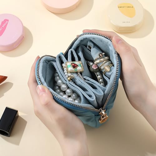 Velvet Travel Jewelry Pouch, 2-in-1 Case with Detachable Insert - color: Teal Blue