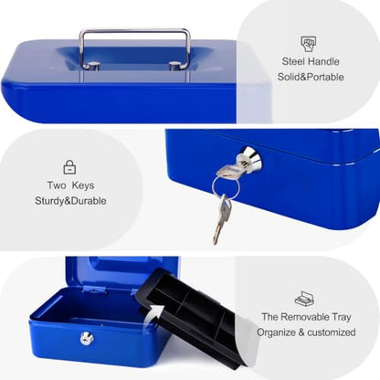 Jssmst Locking Medium Steel Cash Box with Money Tray,Lock Box,Blue - color: Blue, size: M(7.87")