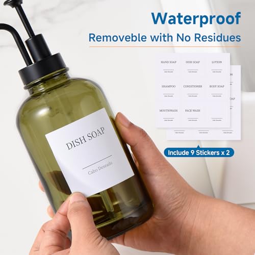 Glass Soap Dispenser with Pump, Dish and Hand Soap Dispenser for Kitchen Bathroom Set, Clear Glass Dispenser Set of 2 Pack with 18 Stickers Funnel Bamboo Tray 500ml 18oz Olive Green - color: Glass Olive Green