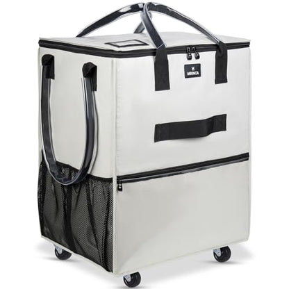 Reusable Grocery Bag on Wheels, Foldable Rolling Tote Bag with 6 Pockets - color: Beige, size: Small