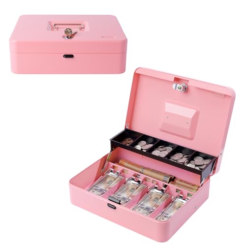 Cash Box with Money Tray and TOP Key & Push-Button Lock, Money Saving Lock Box, Safe Locking Box for Cash Register XL 11.8"x9.45"x3.54" Pink - color: Pink with top key