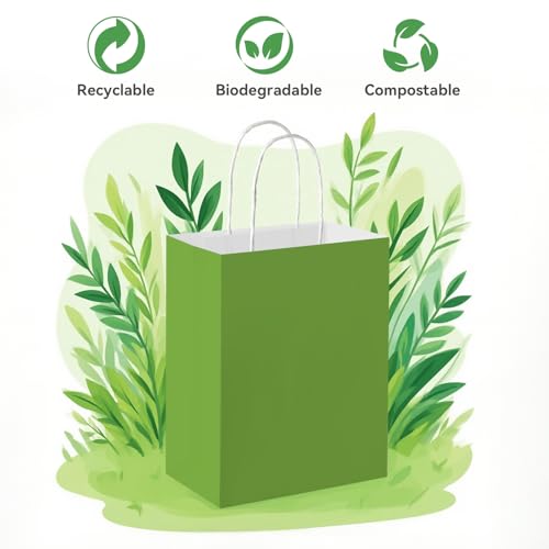 Brothersbox 100 Pack Paper Gift Bags with Handles, 8x4.75x10 Inch, Green - color: Green