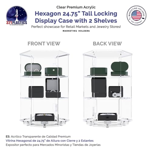 Marketing Holders Spinning Acrylic Cabinet 24" High Clear Locking Case with 2 Shelves Hexagon Shape Countertop Retail Display 2 Keys Included for Bakeries Gift Shops Galleries and Museums