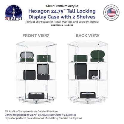 Marketing Holders Spinning Acrylic Cabinet 24" High Clear Locking Case with 2 Shelves Hexagon Shape Countertop Retail Display 2 Keys Included for Bakeries Gift Shops Galleries and Museums