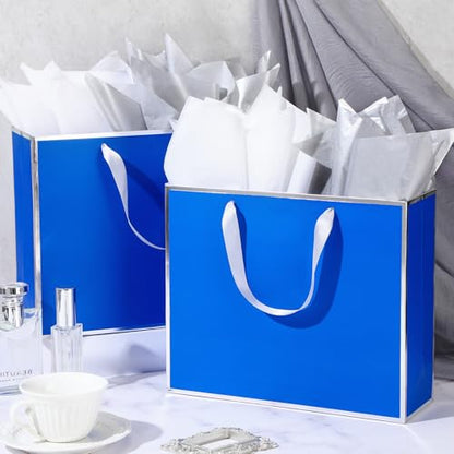ReliThick 12 Pack Paper Gift Bag with Handles & Tissue, Royal Blue,Silver - color: Royal Blue,Silver