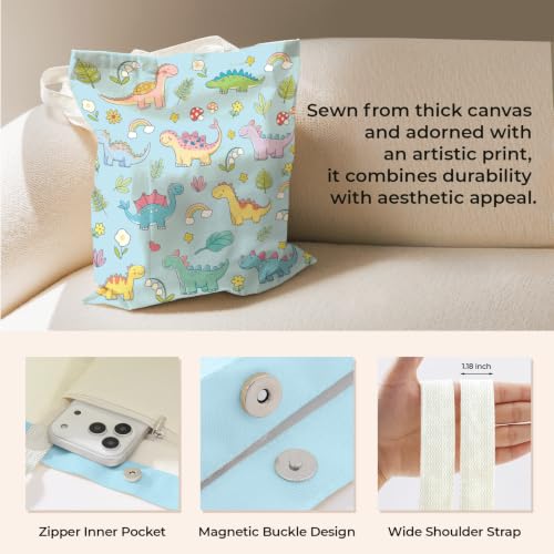 Cute Canvas Tote Bag for Women, Book Totebag with Zipper Pocket - color: Dinosaurs