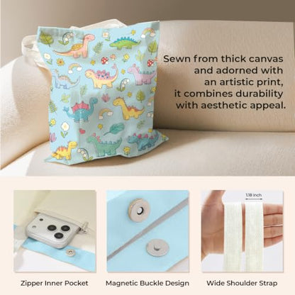 Cute Canvas Tote Bag for Women, Book Totebag with Zipper Pocket - color: Dinosaurs