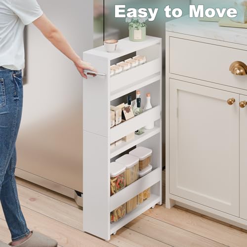 MARTY Slim Rolling Storage Cart, Wood Utility Kitchen Bathroom Laundry Cart - color: White, size: 5.51"D x 15.75"W x 31.5"H