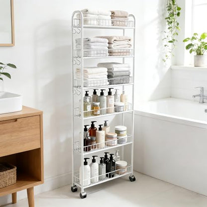 6in 6 Tier Slim Rolling Storage Cart with Wheels, White - size: 6in White