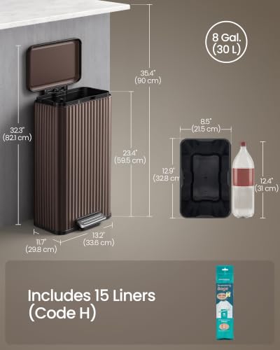 SONGMICS Trash Can, 8 Gallon (30 L), Stainless Steel, with Lid, Pedal - color: Brown, size: 8 Gallon
