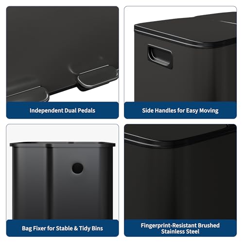 2x8 Gal Dual Compartment Stainless Steel Kitchen Trash Can with Lid, 30L+30L Recycling Garbage Bin, Soft Close Foot Pedal Trash Bin with 2 Removable Inner Buckets, Fingerprint Resistant for Home Offic - color: Black, size: 2x8 Gal