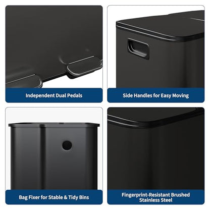 2x8 Gal Dual Compartment Stainless Steel Kitchen Trash Can with Lid, 30L+30L Recycling Garbage Bin, Soft Close Foot Pedal Trash Bin with 2 Removable Inner Buckets, Fingerprint Resistant for Home Offic - color: Black, size: 2x8 Gal