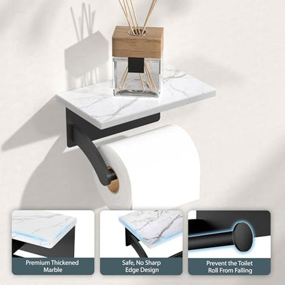 FORIOUS Natural Marble Toilet Paper Holder with Phone Shelf, Commercial - color: Matte Black, size: Single Roll